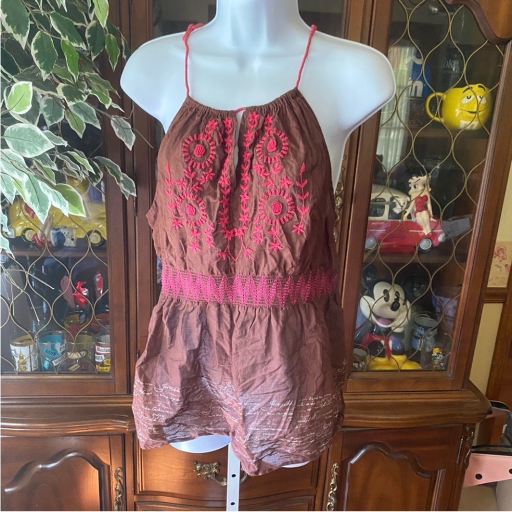 Free People Brown Tank Top with Pink Embroidery